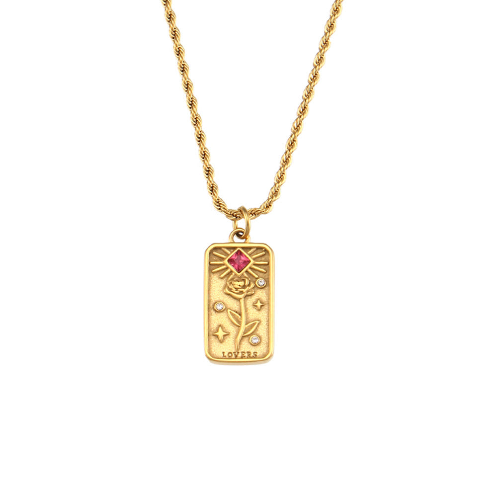 Fashionable Vintage Rectangular Titanium Steel Pendant Necklace with Enamel Finish and Zircon Inlay for Women