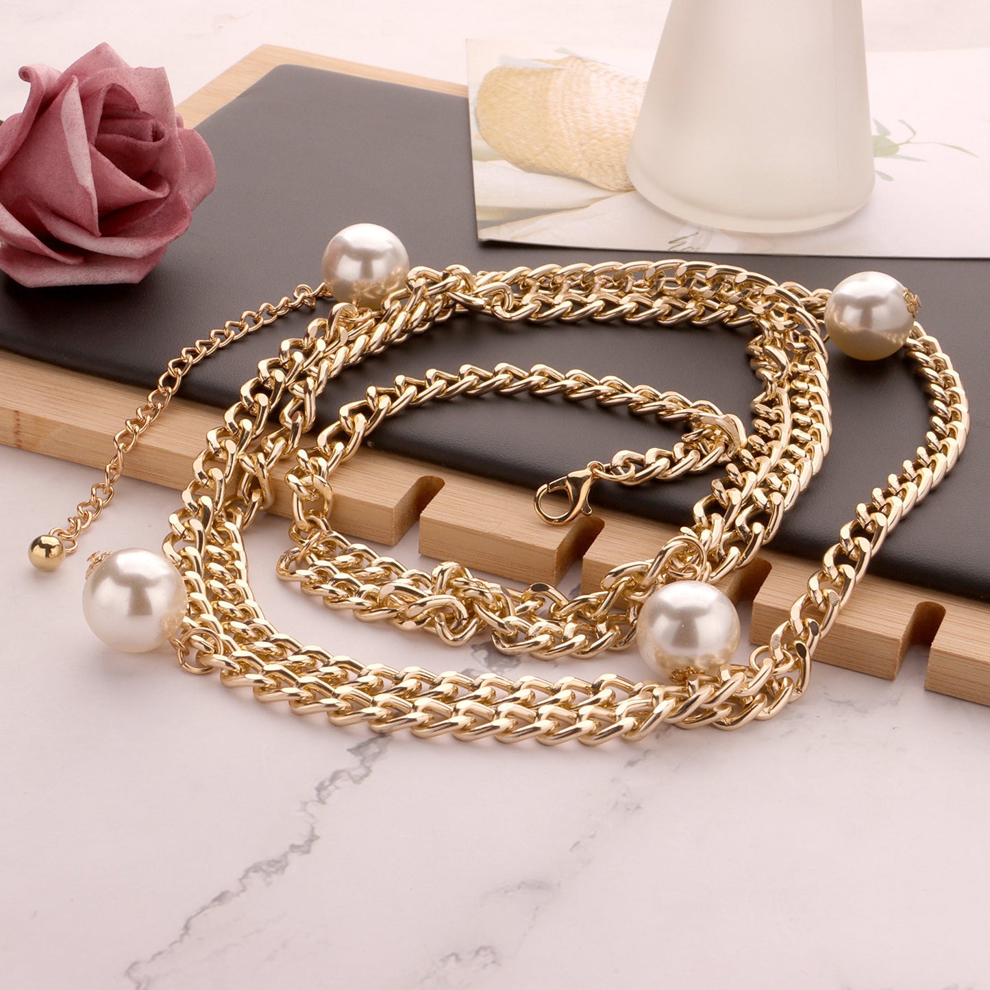 Punk Ethnic Pearl Alloy Curb Chain Body Chain for Women