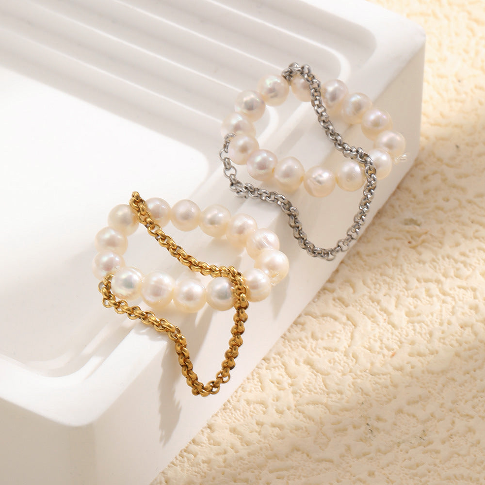 Luxury Minimalist 18K Gold Plated Stainless Steel Round Pearl Tassel Elastic Ring for Women