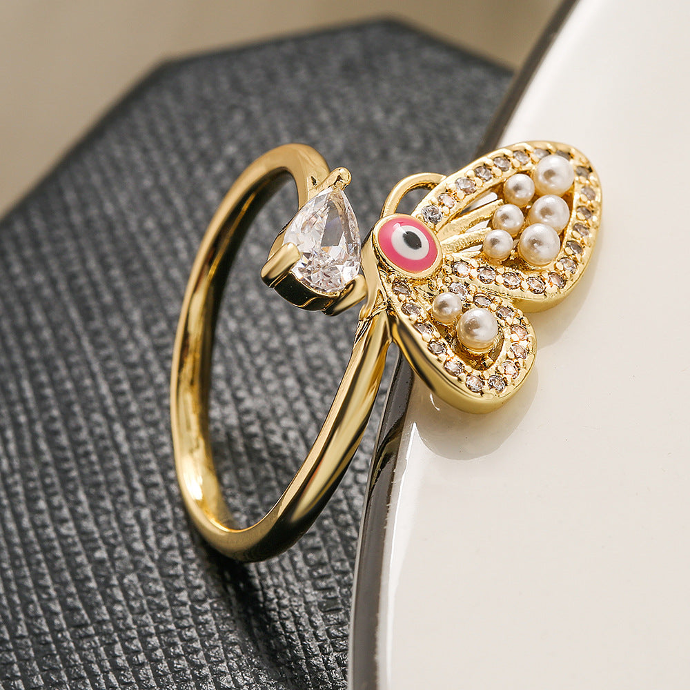 Elegant Butterfly-Shaped Geometric Open Ring for Women with Zircon and Pearl Accents, Micro-Paved Copper Jewelry