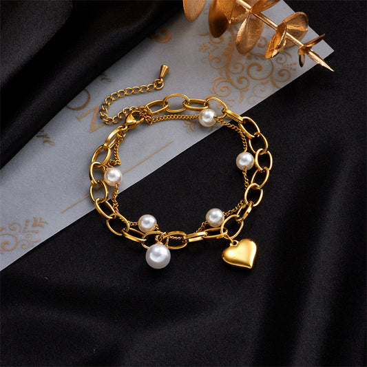Minimalist Retro French-Style Stainless Steel Heart Pendant Multi-Layer Chain Bracelet with Plated Finish