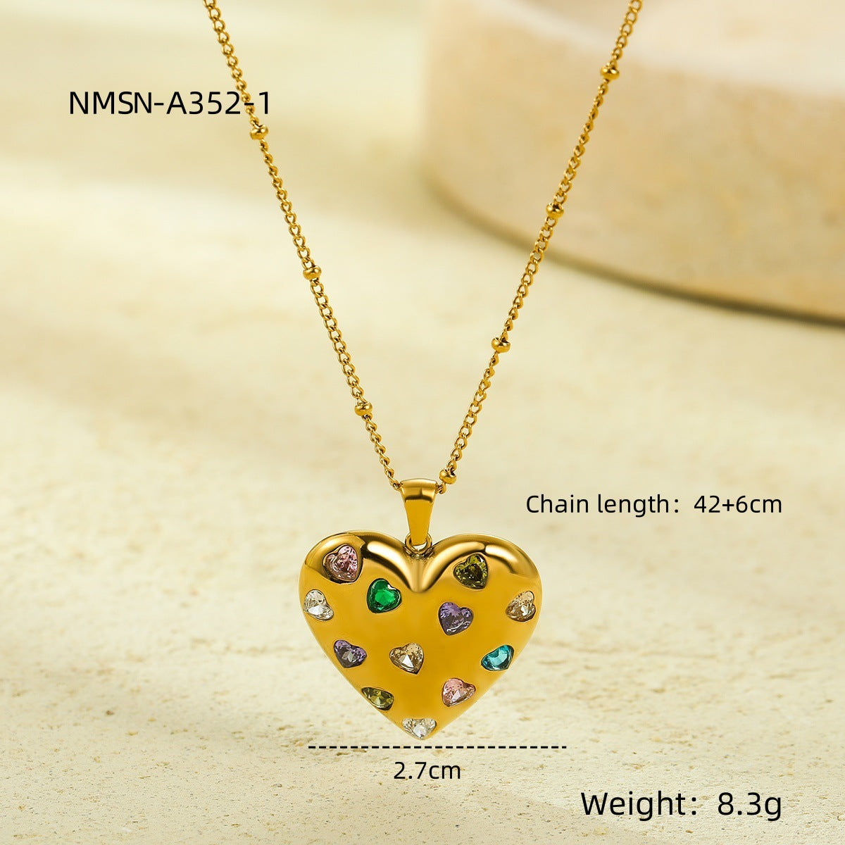 Collar de moda con colgante de acero inoxidable chapado en oro de 18 quilates en forma de corazón para mujer con incrustaciones de circonitas de colores