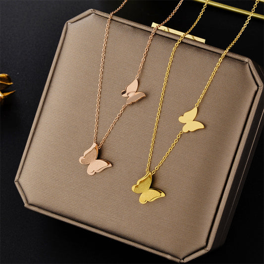 Minimalist Matte Rose Gold Plated Titanium Steel Double Butterfly Pendant Necklace for Women with Ball Chain