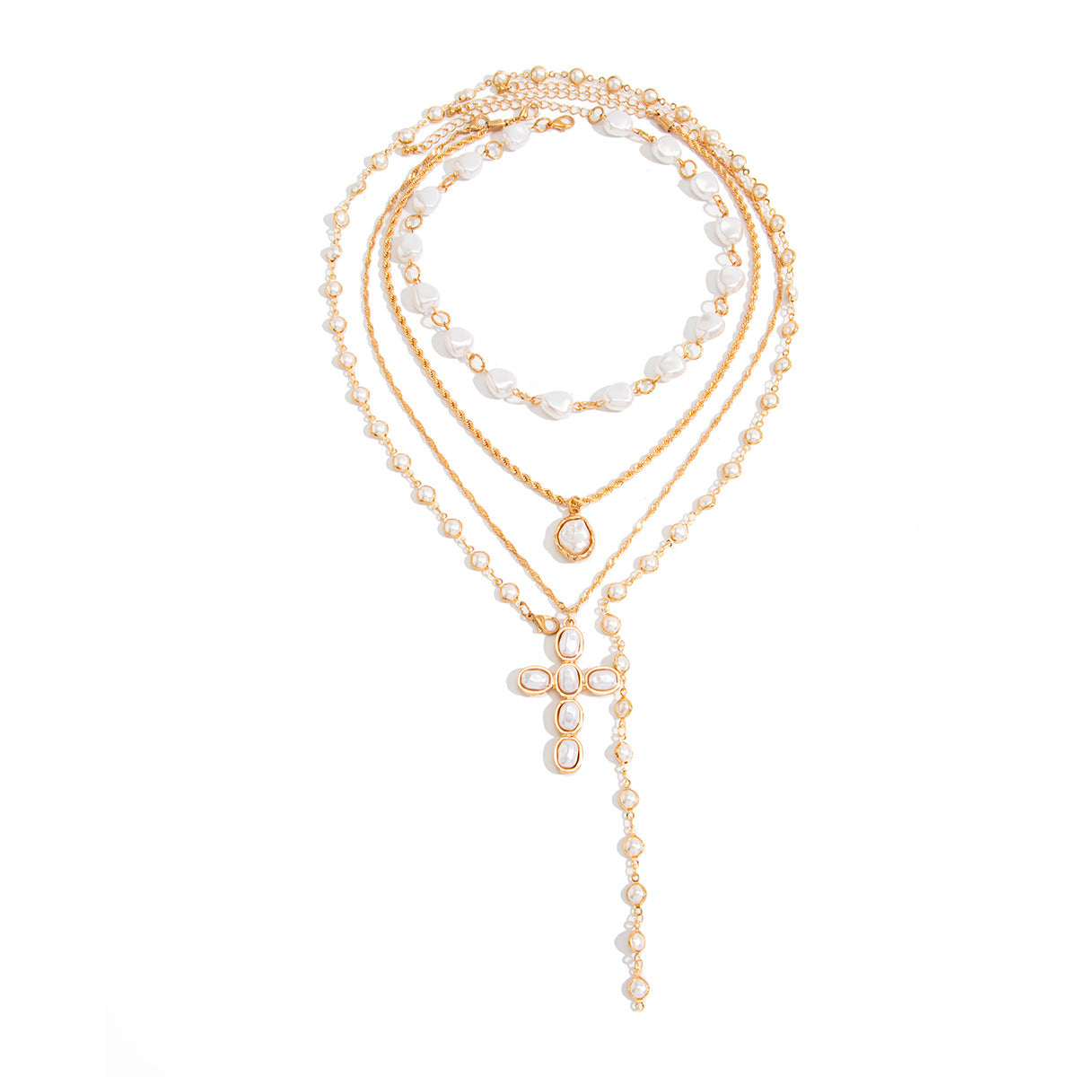 Fashion Layered Geometric Cross Zinc Alloy Imitation Pearl Y-Shape Necklace for Women