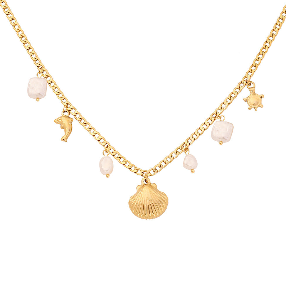 Collana Minimalista Turchese con Perline e Ciondolo a Conchiglia su Catena a Doppio Strato in Acciaio Inossidabile da Donna