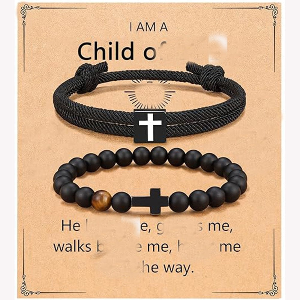 Luxury Matte Tiger's Eye Cross Pendant Beaded Bracelet Unisex Geometric Round Charm
