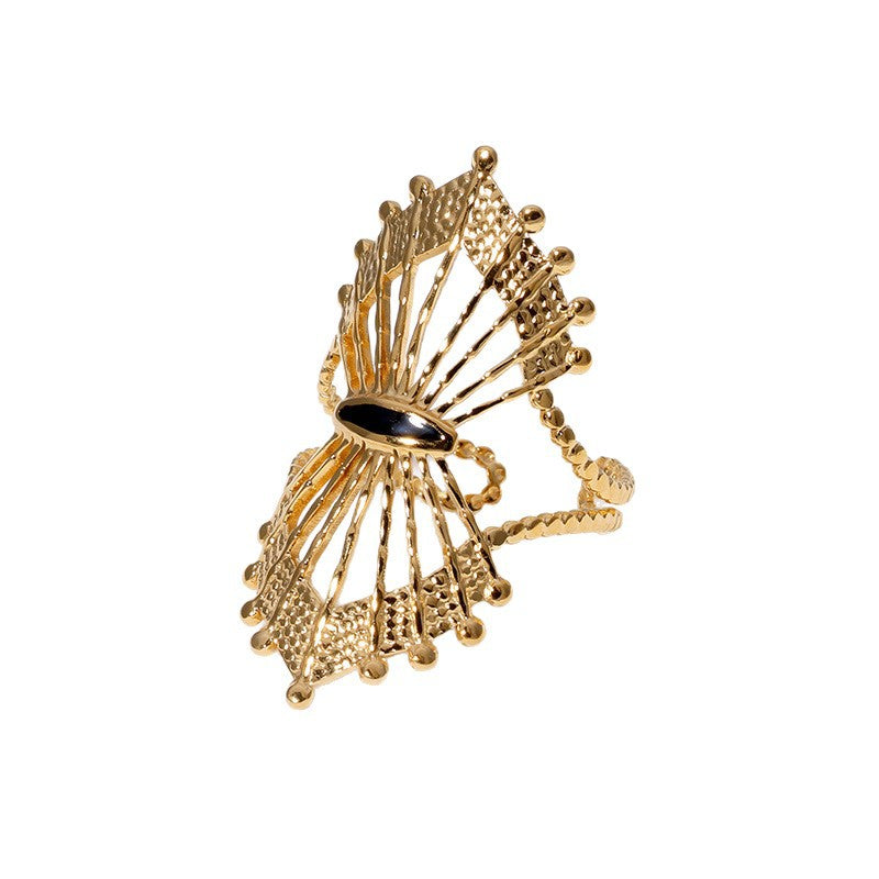 Vintage Geometric Fan-Shaped Hollow Stainless Steel Adjustable Open Ring for Women with Gold Plating