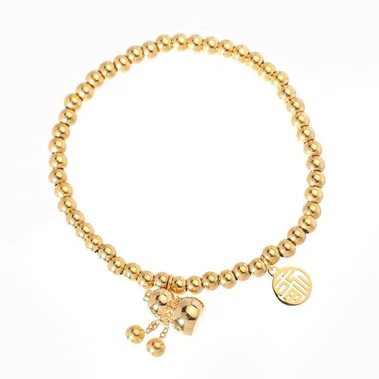 Luxury Style Geometric Shaped Titanium Steel Gold-Plated Elastic Bracelet with Chinese Character 'Fu' and 'Xi' Pendant for Women
