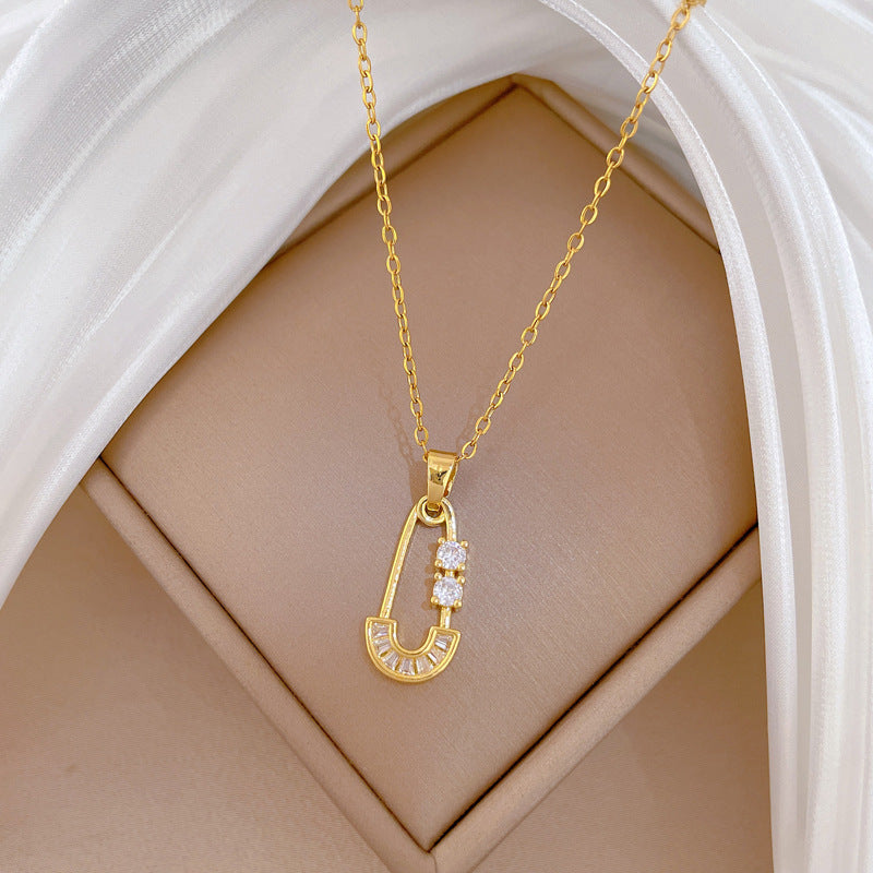Sweet Geometric Moon Cubic Zirconia Titanium Steel Necklace for Unisex