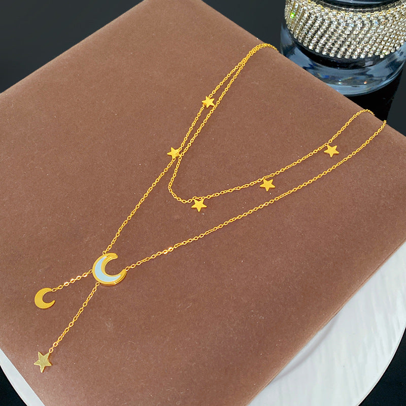 Elegant Minimalist Star Moon Titanium Steel Plated Layered Tassel Necklace for Women