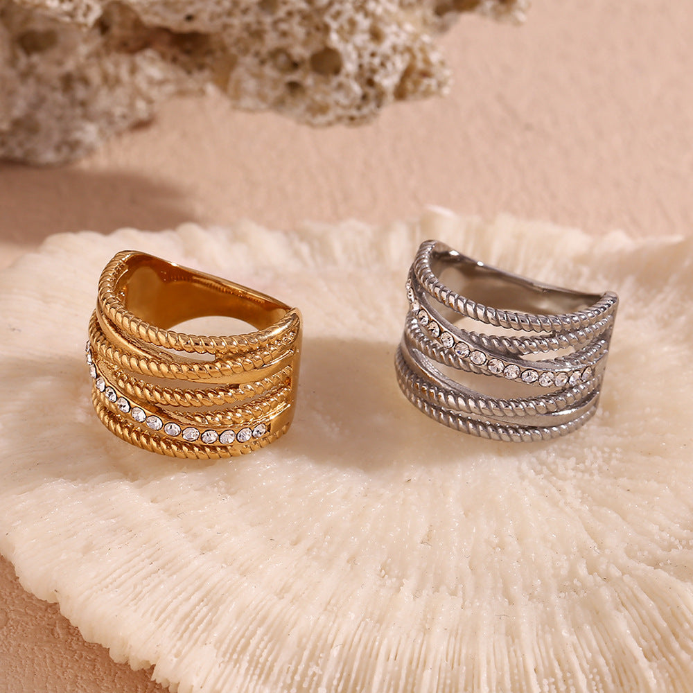 Minimalist Geometric Stainless Steel Ring with 18K Gold Plating, Interwoven Hollow Design and Rhinestone Accents for Women