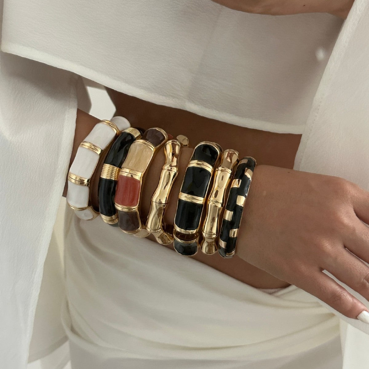 Pulsera Abierta de Puño con Nudo de Bambú de Aleación Geométrica, de Goteo de Aceite, de Lujo Vintage