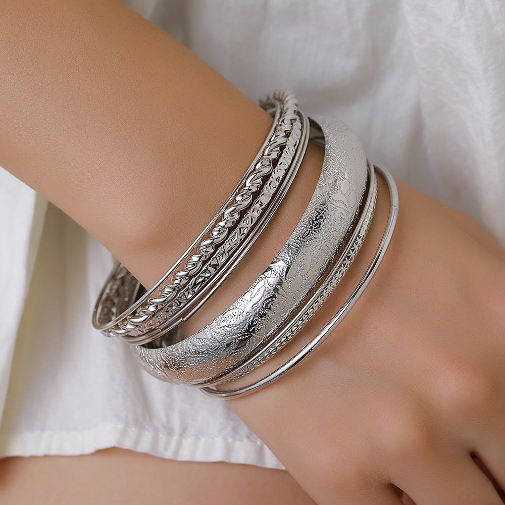 Bohemian Geometric Wave Pattern Polished Electroplated Alloy Bracelet Set for Men and Women