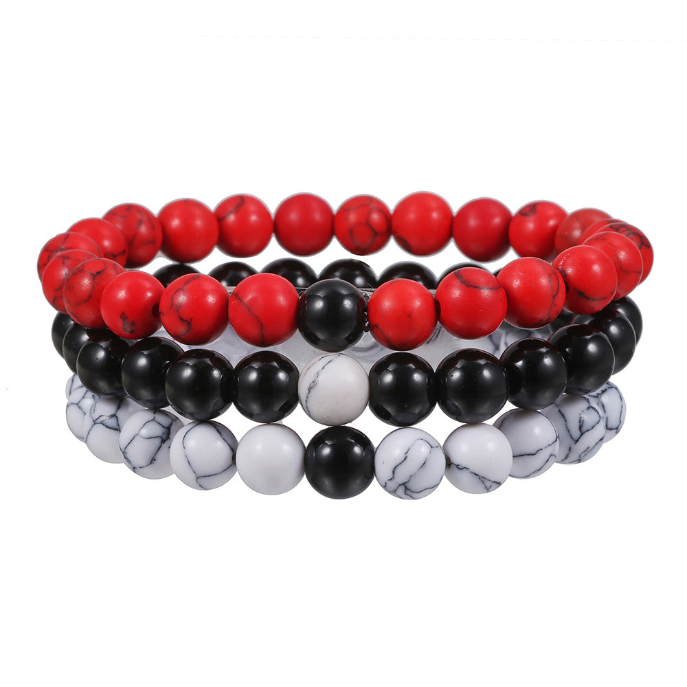 Hip-hop Matte Volcanic Stone Hematite Wood Round Beaded Bracelet Set