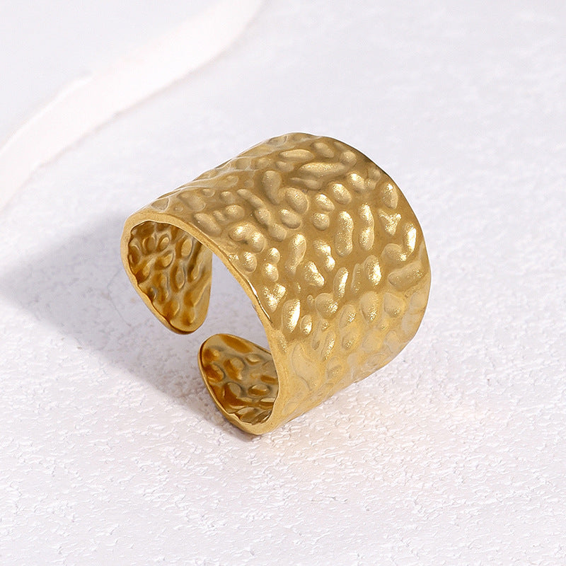 Minimalist Geometric Stainless Steel Open Ring with Hammered Texture and 18K Gold Plating for Women