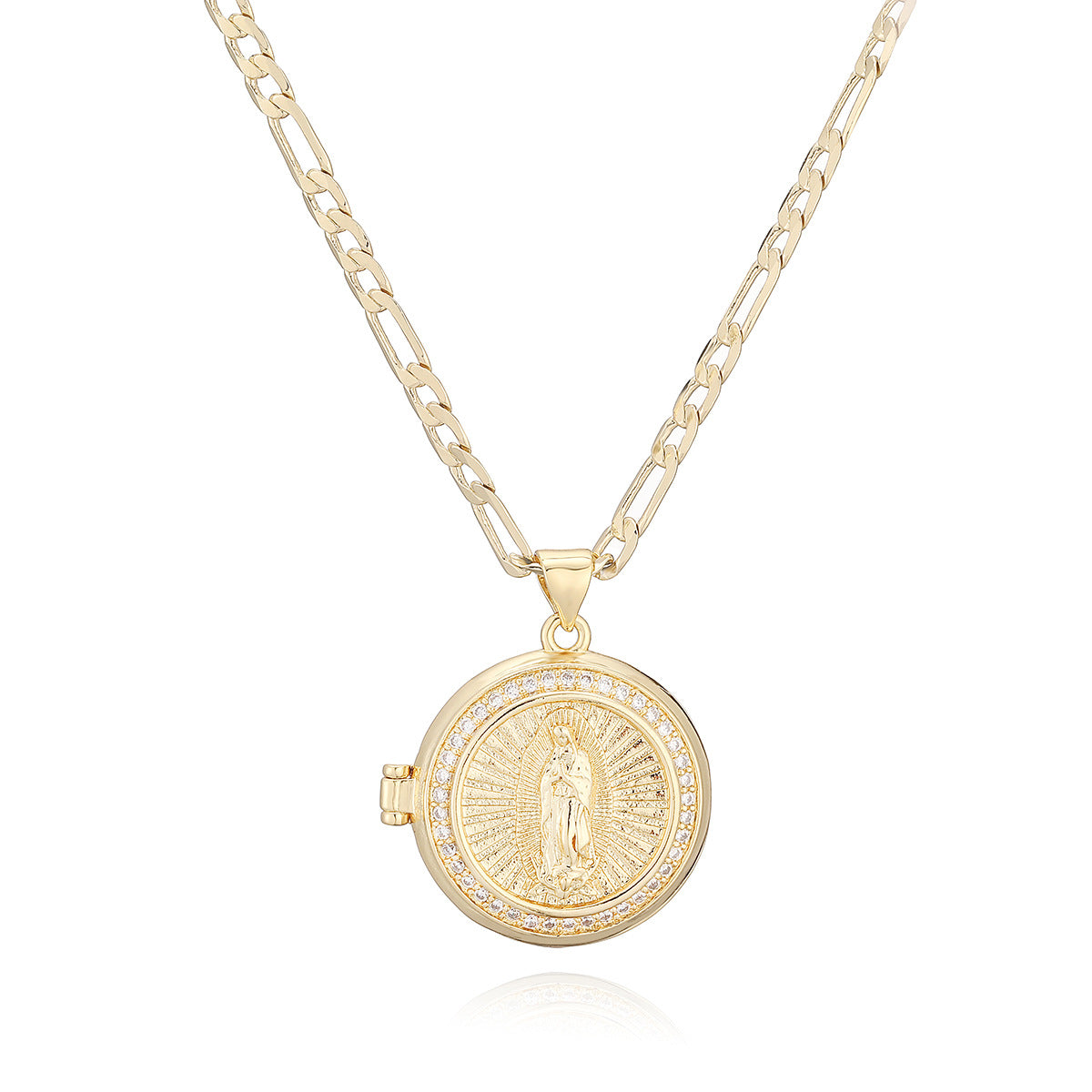 Minimalist Luxury 18K Gold Plated Brass Geometric Cubic Zirconia Virgin Mary Photo Locket Pendant Necklace