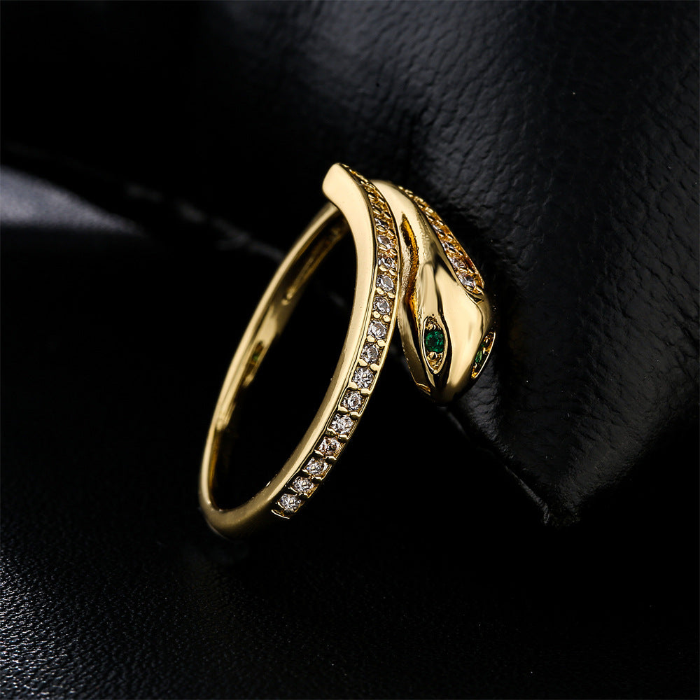 Minimalist Green-Eyed Snake-Shaped Ring for Women in Copper with 18K Gold Plating and Zircon Inlay