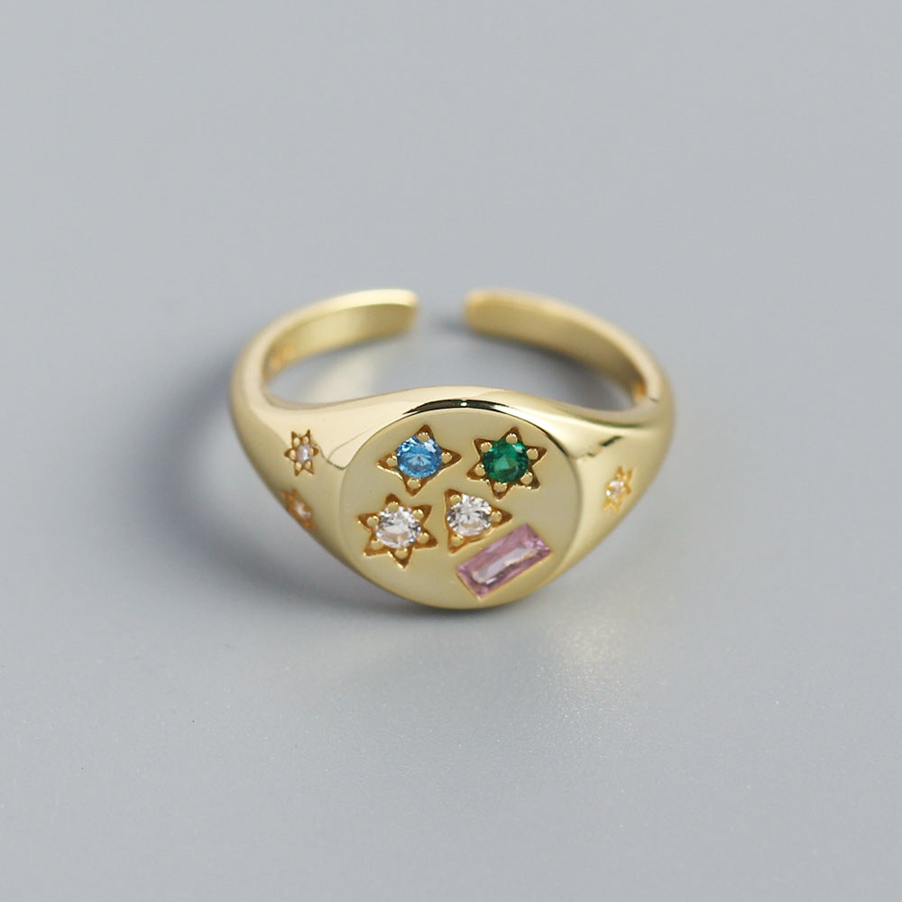 Minimalist Star-Shaped S925 Sterling Silver Ring with Micro-Paved Colored Zirconia for Women