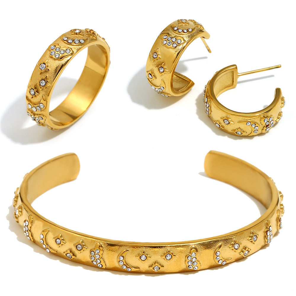 Elegant Geometric 18K Gold Plated Stainless Steel Ring Bracelet Earring Set for Women