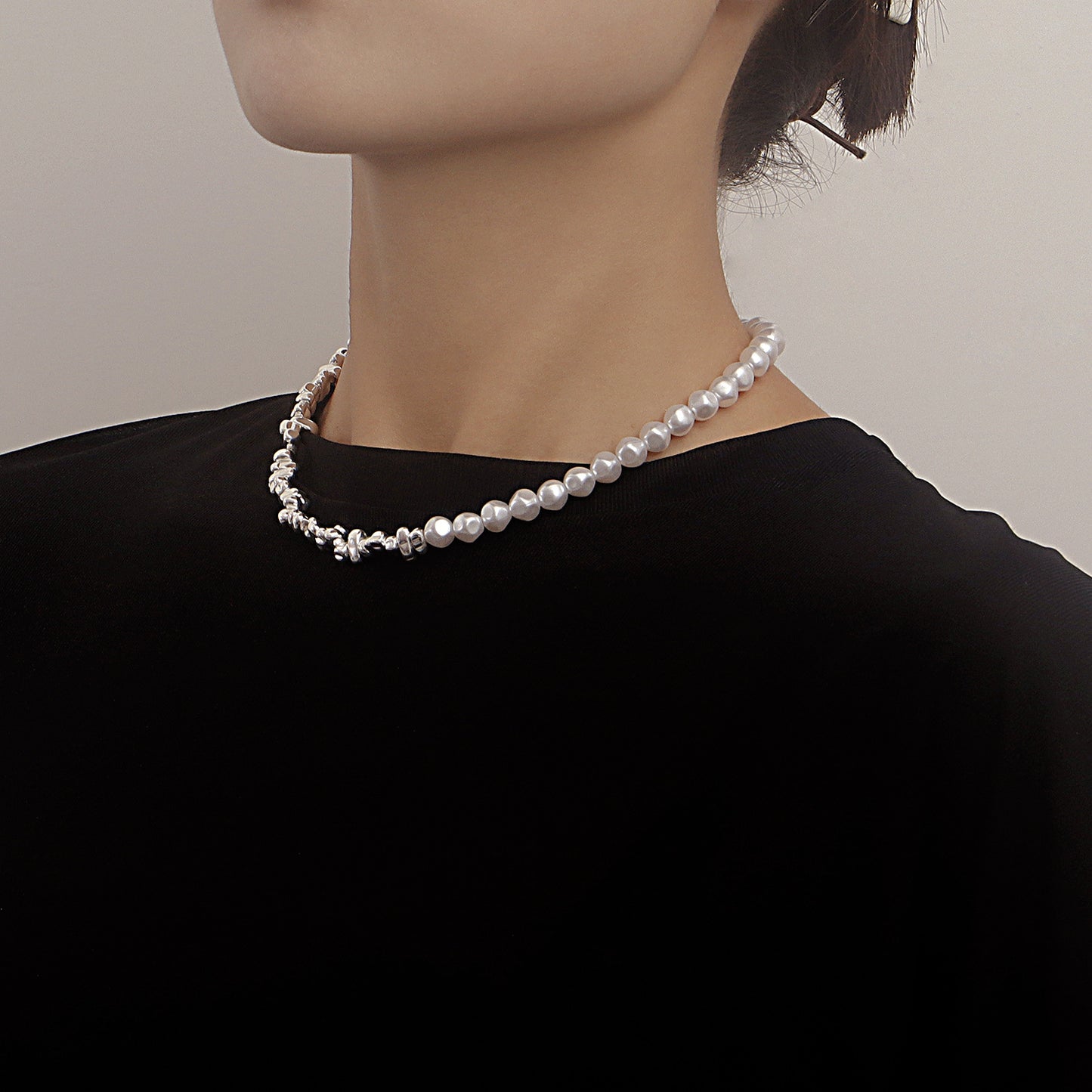 Geometric Asymmetrical Pearl Necklace with Alloy Base and Electroplated Finish for Women