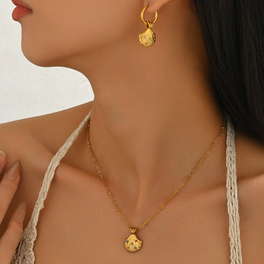 Ocean-Inspired Women's Minimalist Shell Pendant Necklace and Earrings Set in Copper with Rhinestone Inlay