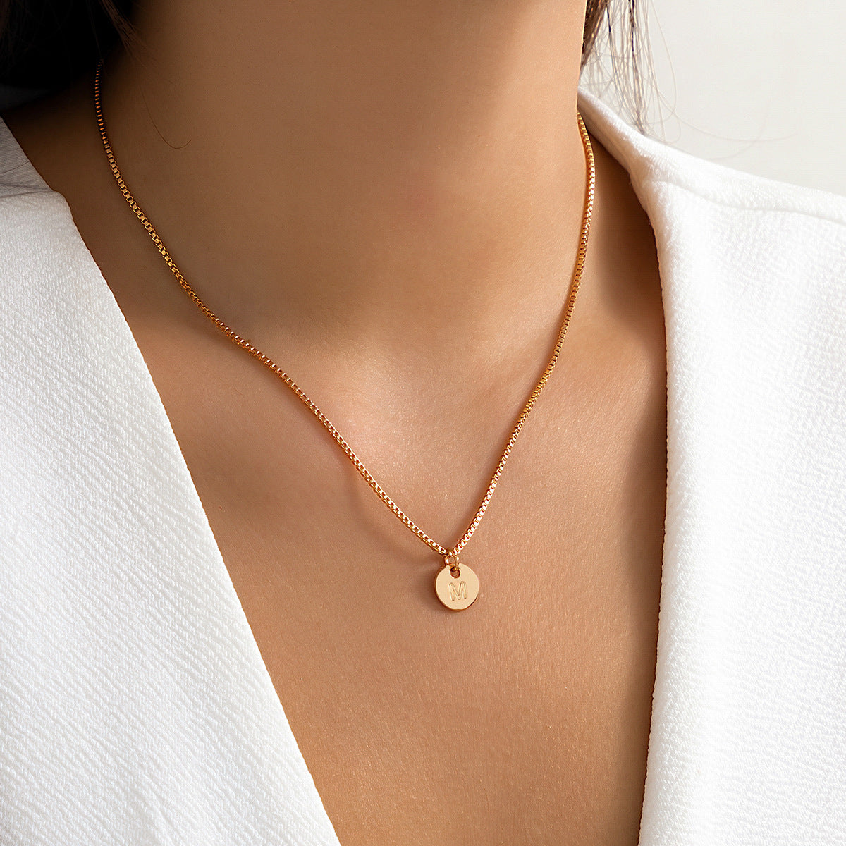 Minimalist Round Letter Pendant Zinc Alloy Plated Necklace Box Chain Women