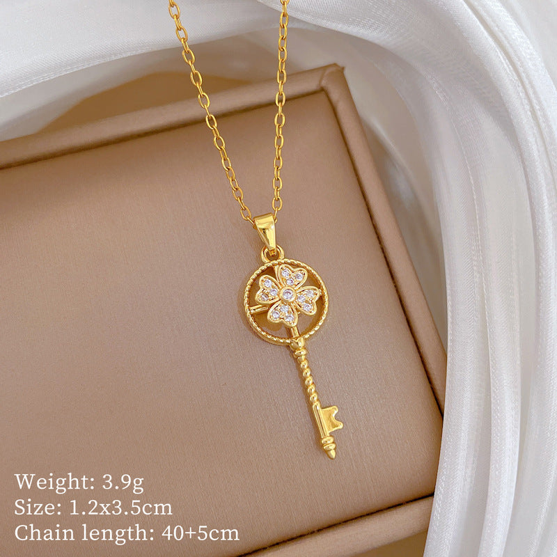 Sweet Geometric Moon Rhinestone Inlaid Brass Pendant Titanium Steel Necklace for Unisex