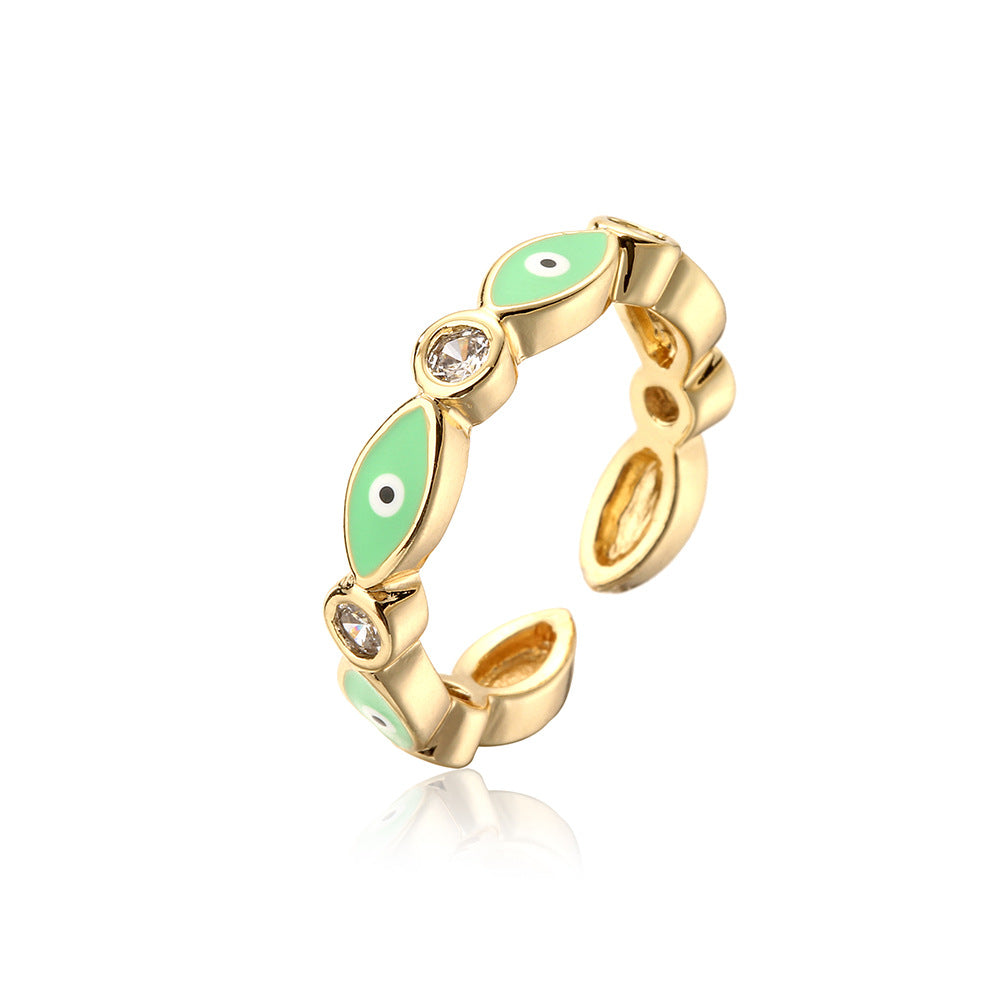 Minimalist Geometric Copper Ring with 18K Gold Plating and Enamel Eye Detail for Women