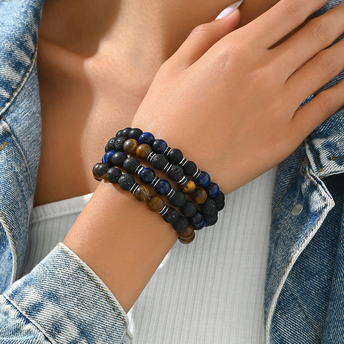 Conjunto de pulseras geométricas vintage con cuentas para unisex con cuentas de piedra natural de 10 mm, diseño ensartado a mano.