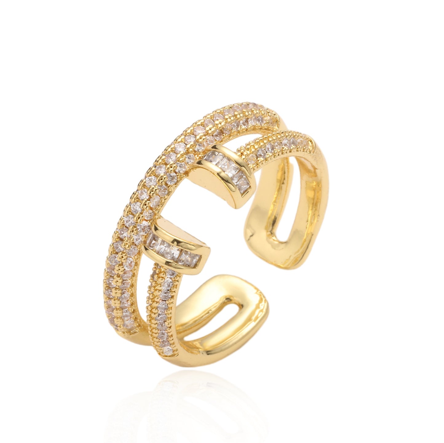 Anello aperto geometrico minimalista da donna in ottone placcato oro 18 carati e dettagli in micro-pavé