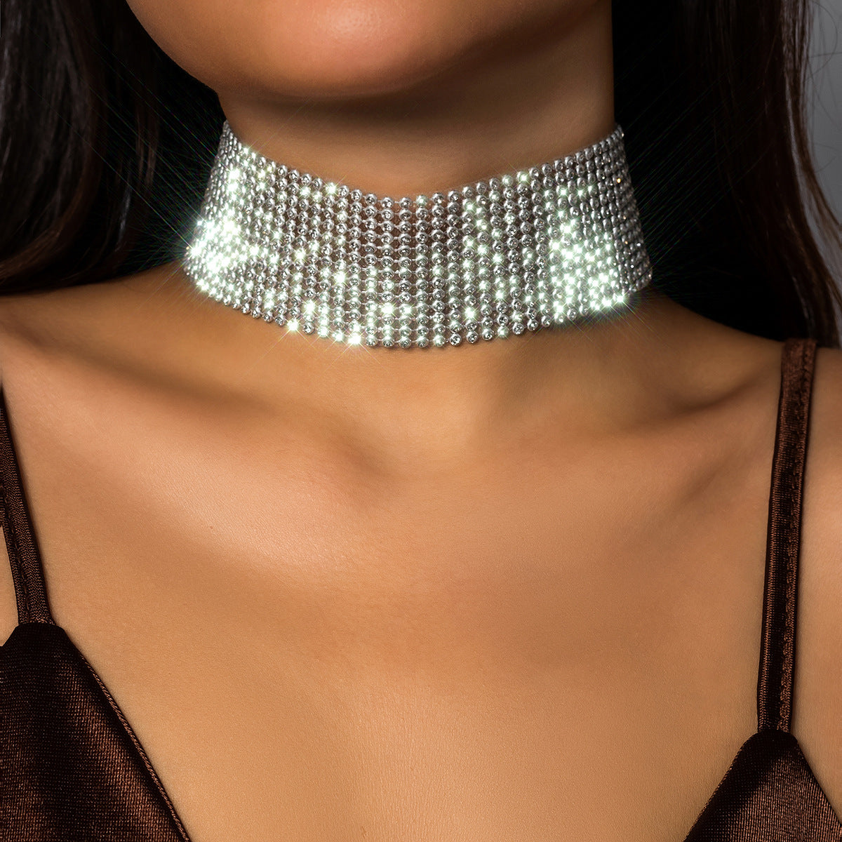 Collana Girocollo Geometrica Lucida con Strass da Donna con Maglia a Rete di Diamanti e Design Imponente