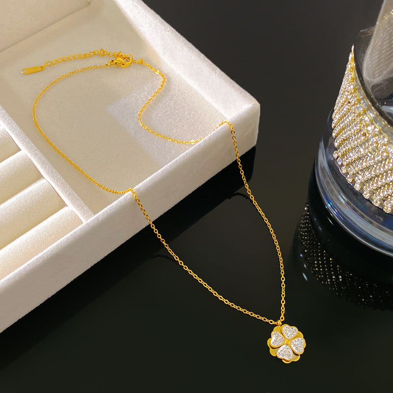 Vintage Geometric Titanium Steel Plated Necklace with Rotating Cubic Zirconia Pendant for Unisex