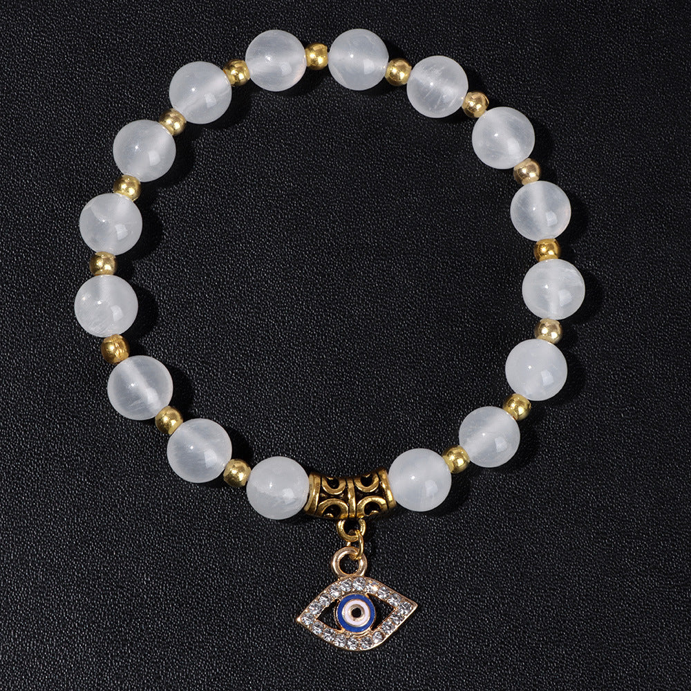 Vintage Minimalist Geometric Agate Beaded Bracelet with Evil Eye Pendant Unisex Jewelry