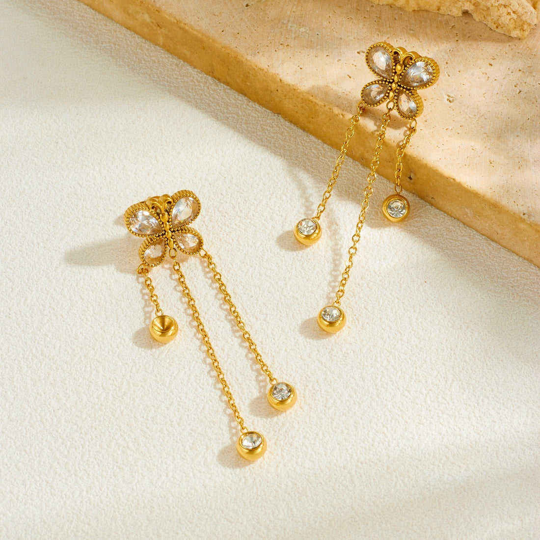 Vintage Minimalist Gold Plated Stainless Steel Butterfly Round Rhinestone Tassel Drop Earrings