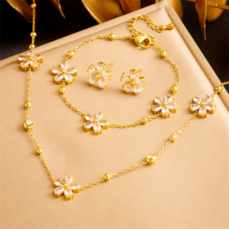 Minimalist Elegant Floral Rhinestone Inlay Stainless Steel Jewelry Set for Women