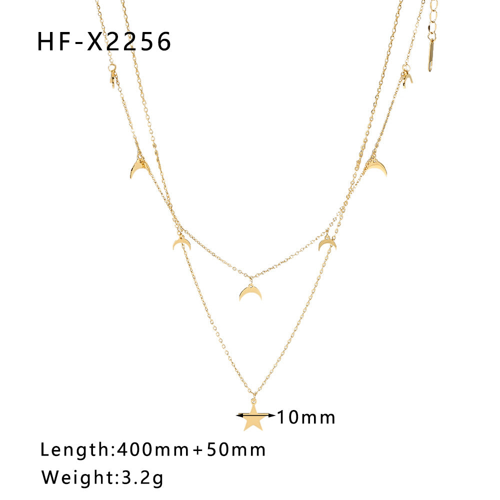 Collana con pendente minimalista Luna e Sole con accenti di perle e conchiglie, intarsio di zirconi su acciaio inossidabile, catena a serpente da donna