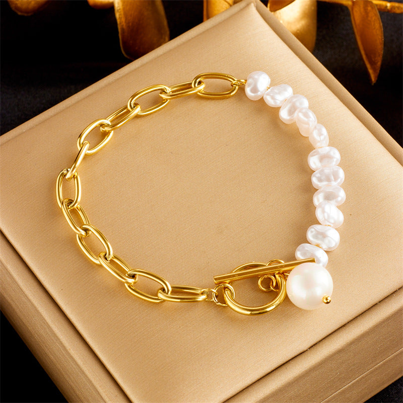 Punk Vintage Asymmetrical Pearl Beaded Pendant Bracelet with Titanium Steel Chain and Plated Finish