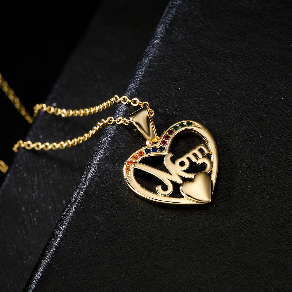 Geometric MOM Pendant Necklace in Copper with 18K Gold Plating and Zircon Accents for Mother's Day