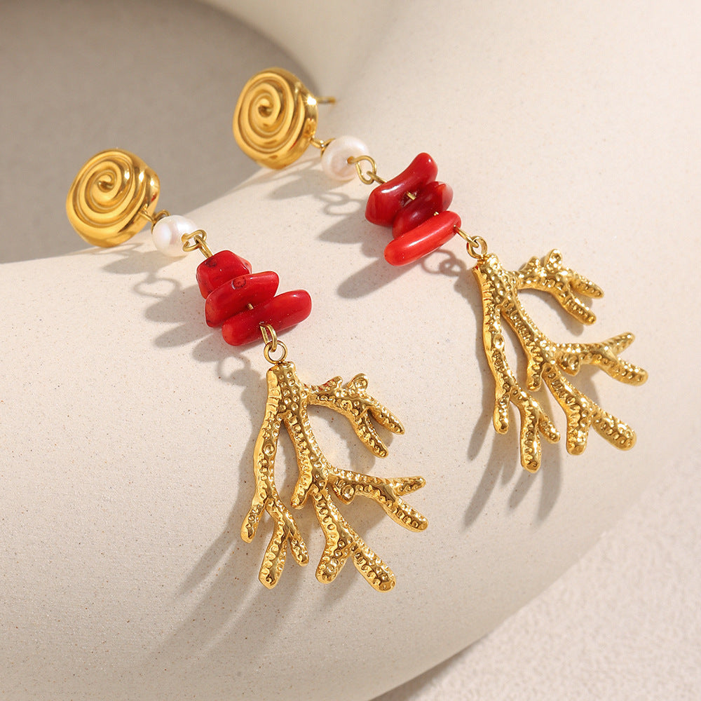 Vintage Style Floral Coral Branch Pendant Stud Earrings in Stainless Steel with 18K Gold Plating
