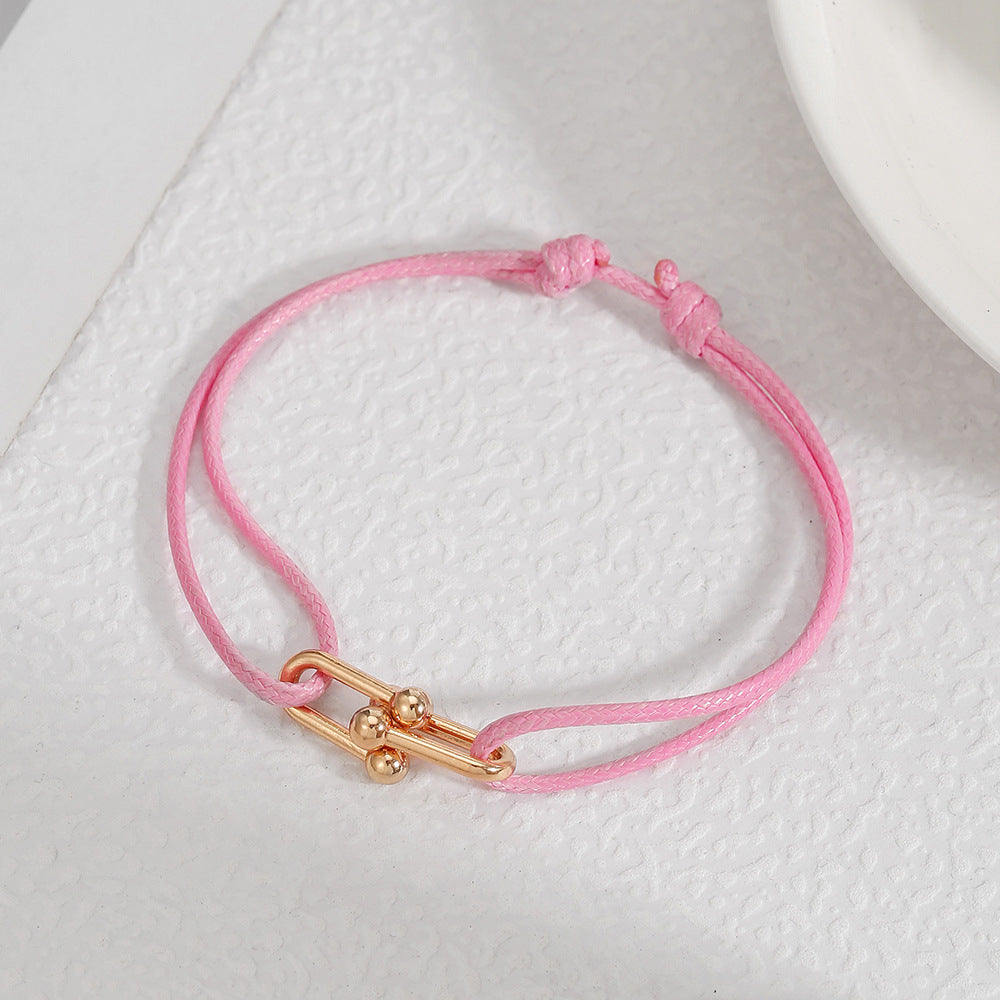 Sweet Handmade Braided Leather Bracelet with Alloy Horseshoe Clasp for Unisex