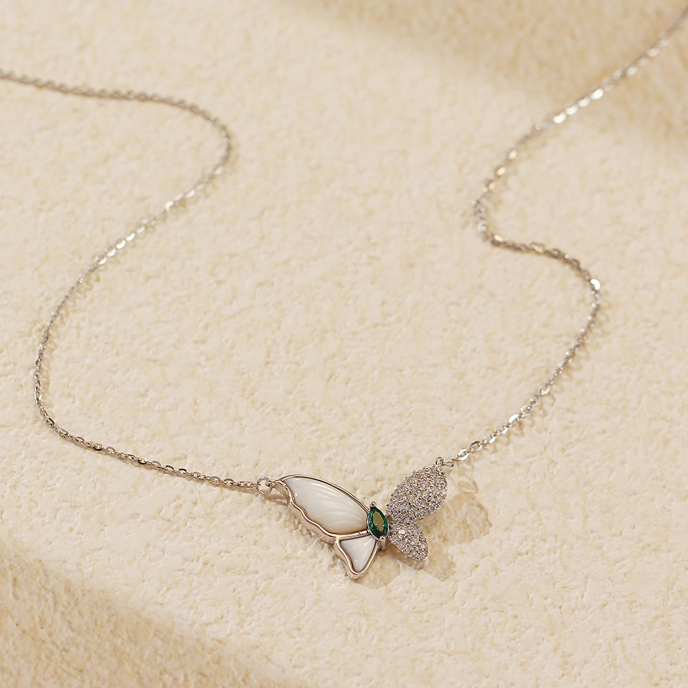 Elegant 925 Sterling Silver Plated Butterfly Mother of Pearl Pendant Necklace Curb Chain for Women