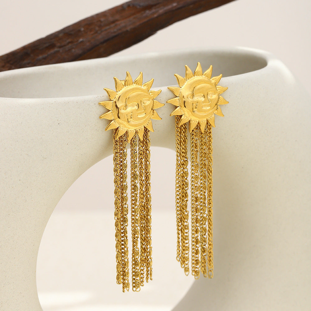 Vintage 18K Gold Plated Stainless Steel Moon Star Geometric Tassel Earrings