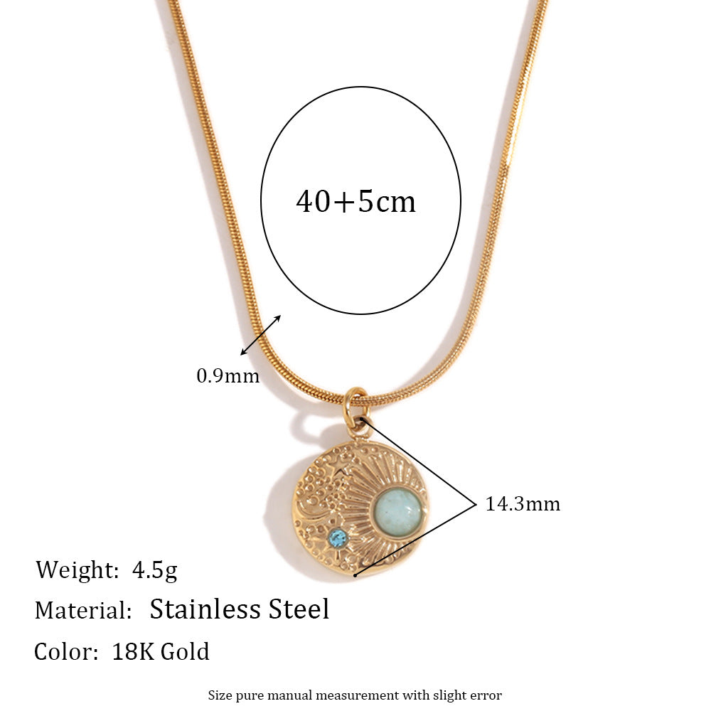 Collar Pendiente Geométrico Vintage de Acero Inoxidable con Chapado en Oro de 18K e Incrustaciones de Pedrería de Cielo Estrellado del Zodíaco para Mujer
