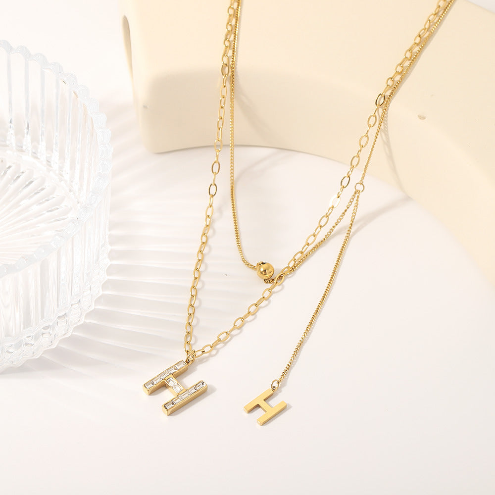 Minimalist Letter H Pendant Necklace for Women Titanium Steel Double Layer Beaded Sweater Chain with Rhinestone Inlay and 18K Vacuum Plating