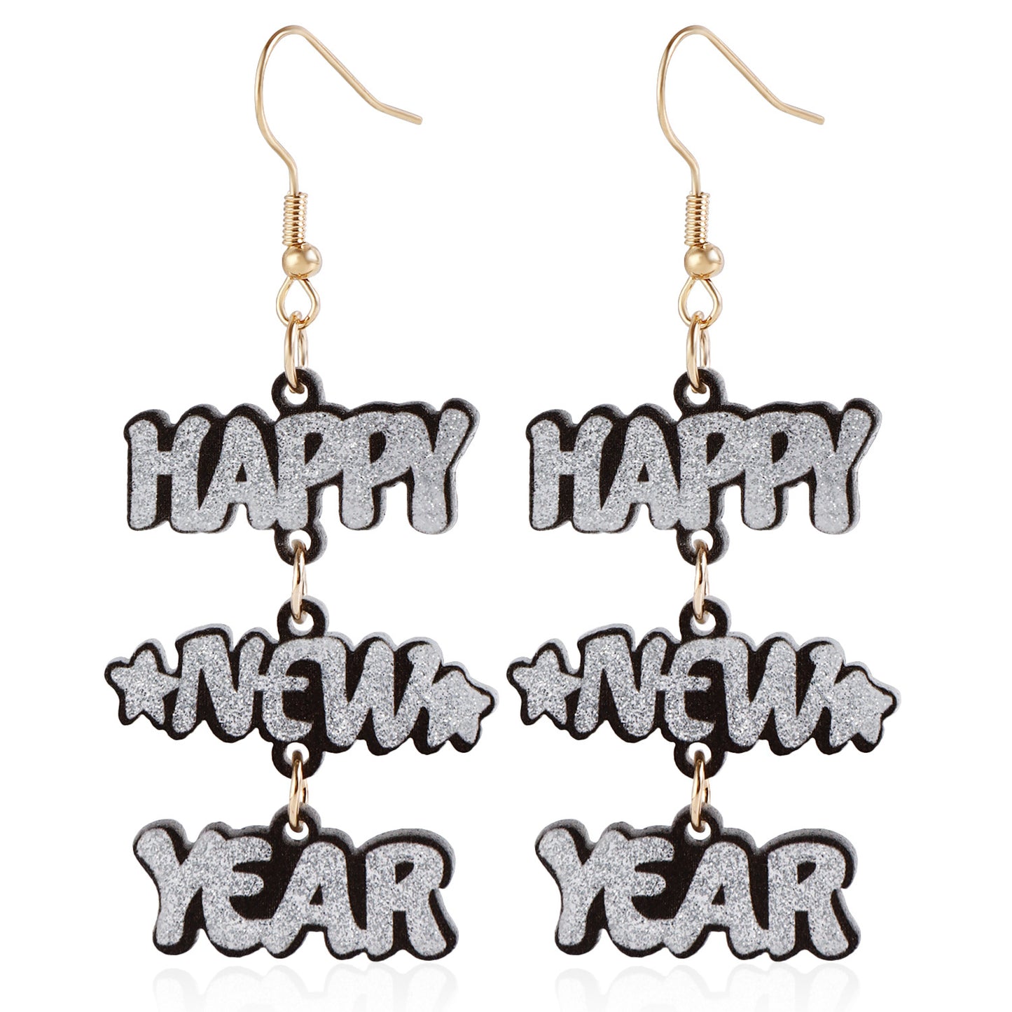 Orecchini a lettera acrilici geometrici alla moda "Happy New Year" per donna con finitura placcata