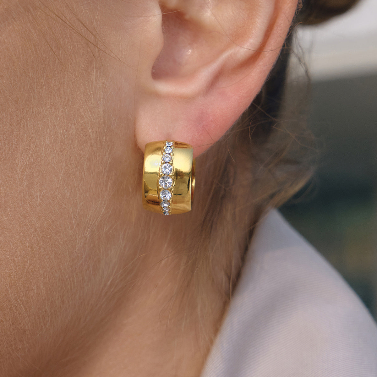 Orecchini a cerchio da donna minimalisti e rotondi, geometrici, in acciaio inossidabile placcato con strass