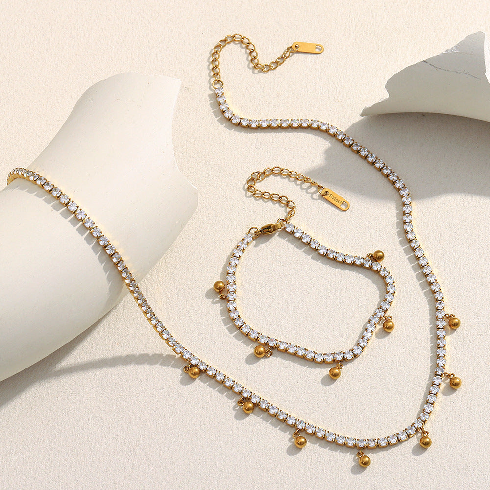 Set di Collana e Bracciale da Donna Minimalista Geometrico in Acciaio Inossidabile Placcato Oro 18K con Zircone, Perle Rotonde e Nappe