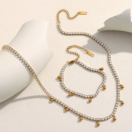 Minimalist Geometric Stainless Steel Plated 18K Gold Zircon Round Bead Tassel Necklace and Bracelet Set for Women