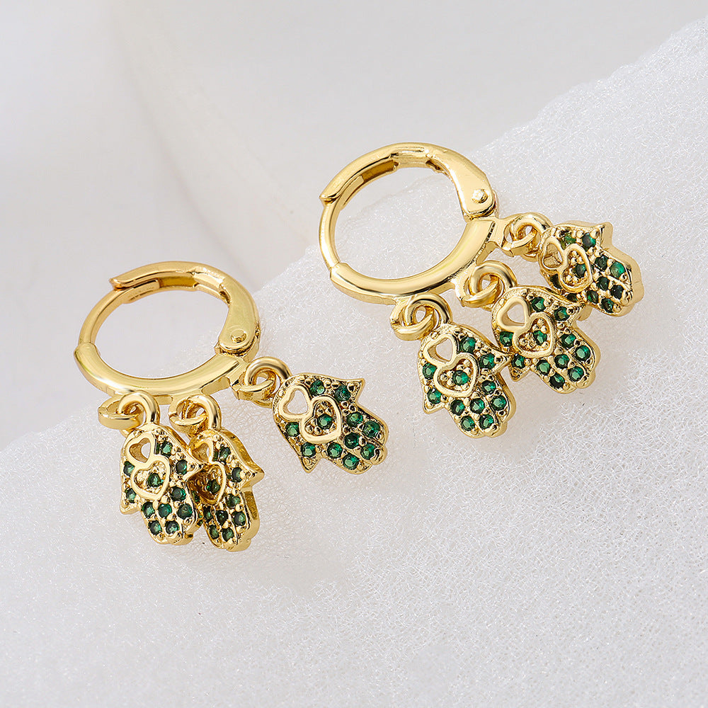 Minimalist Geometric Fatima Hand Pendant Earrings for Women with Copper Base Plated in 18K Gold and Micro-Paved Zirconia