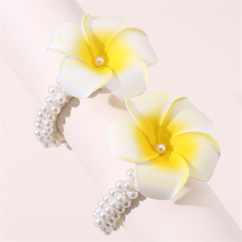 Anello per Capelli in Tessuto Bicolore Color Crema Minimalista e Carino con Perla Artificiale e Fiore di Frangipane per Bambini